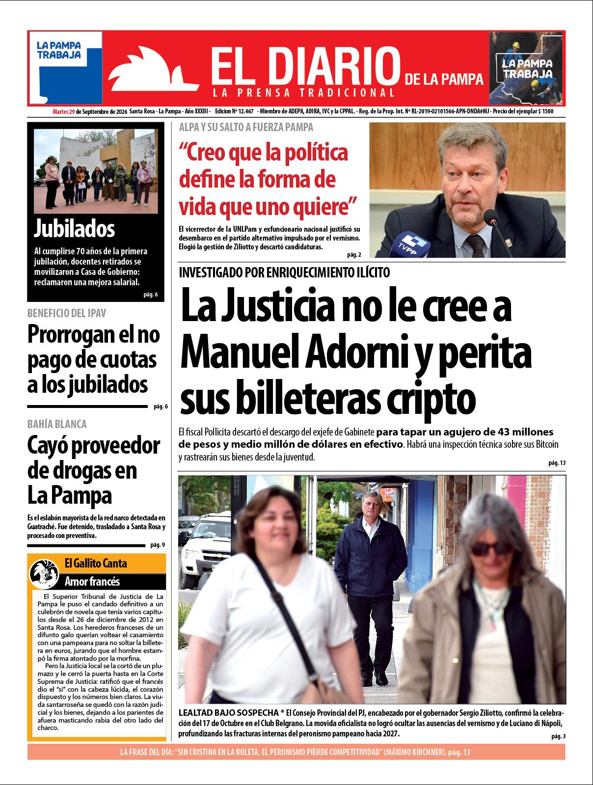 Tapa de El Diario en papel  martes 29 de septiembre de 2026